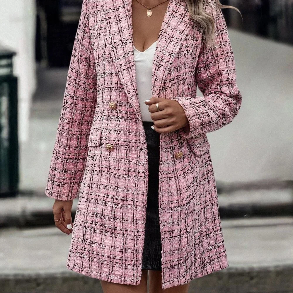 Pink Preppy Womens Plaid Pattern Double Breasted Tweed Overcoat - Picture 3 of 5